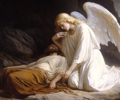 An angel in white feeding a raggedy sleeping Elijah in the desert.