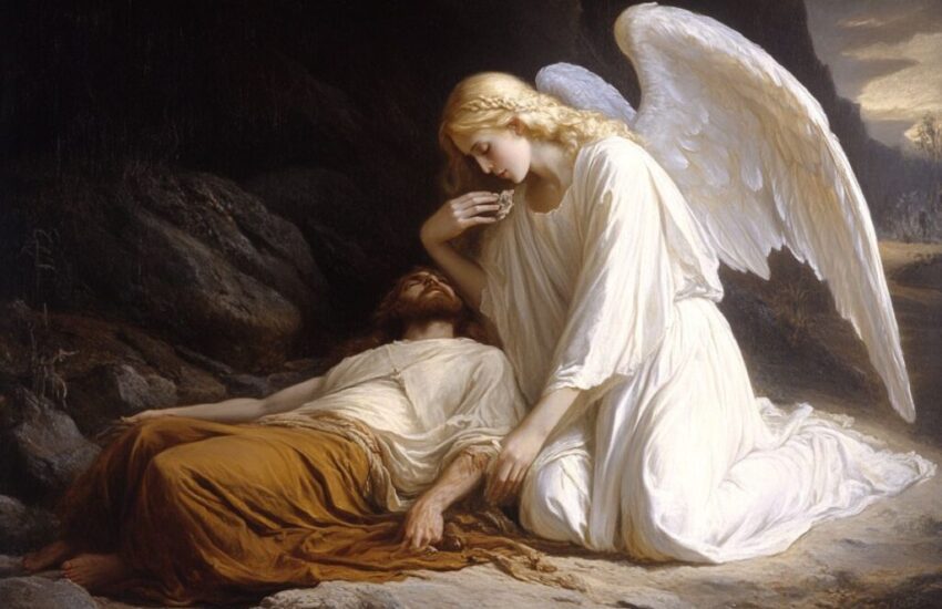 An angel in white feeding a raggedy sleeping Elijah in the desert.