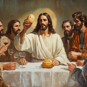 Jesus at the last supper, holding up the bread and wine, among his faithful apostles as they watch him.