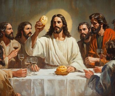 Jesus at the last supper, holding up the bread and wine, among his faithful apostles as they watch him.