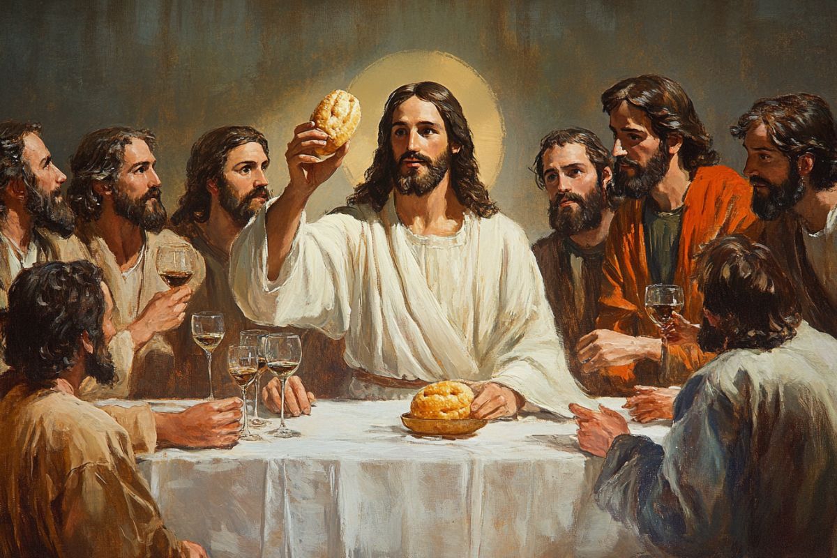 Jesus at the last supper, holding up the bread and wine, among his faithful apostles as they watch him.