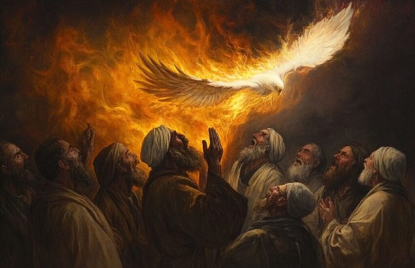 The Holy Spirit descending like flames on the elders of ancient Israel.