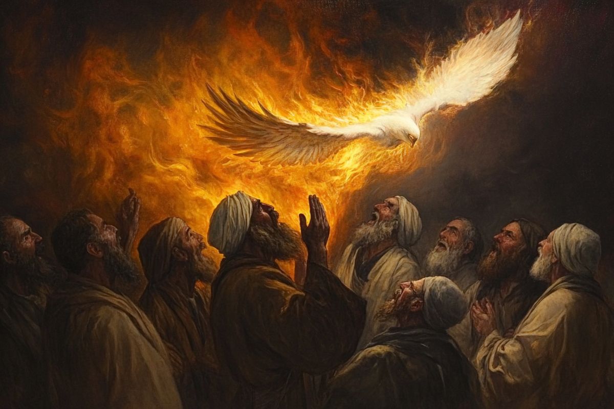 The Holy Spirit descending like flames on the elders of ancient Israel.