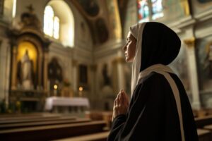 A nun praying alone in a Catholic Church.