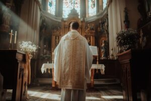 newly ordained priest, dressed in a white robe taking his vows in church