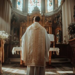 newly ordained priest, dressed in a white robe taking his vows in church