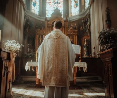 newly ordained priest, dressed in a white robe taking his vows in church