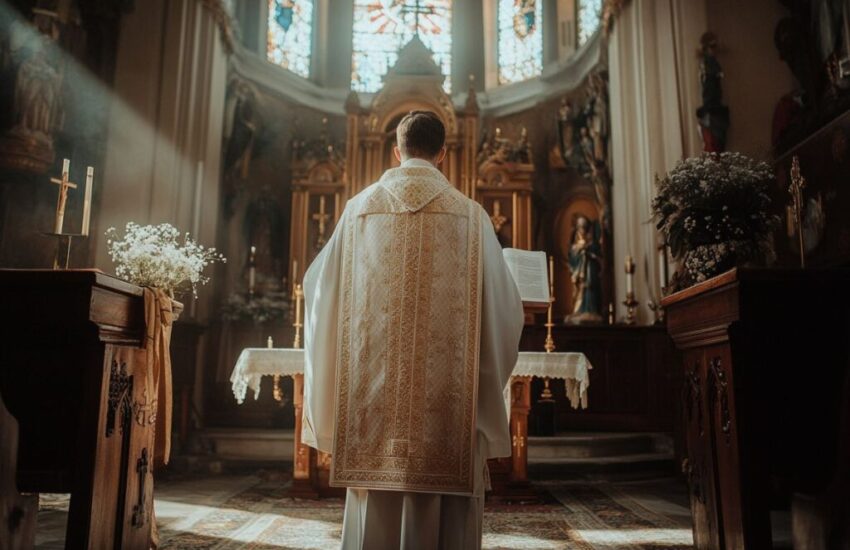 newly ordained priest, dressed in a white robe taking his vows in church