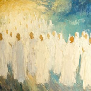 A multitude of saints in heaven wearing white robes.