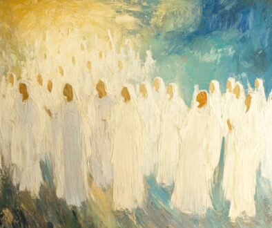 A multitude of saints in heaven wearing white robes.