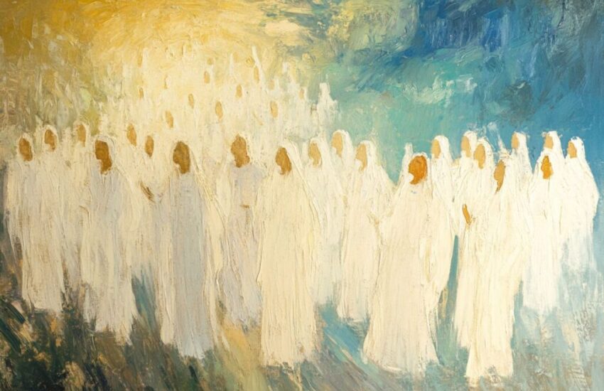 A multitude of saints in heaven wearing white robes.