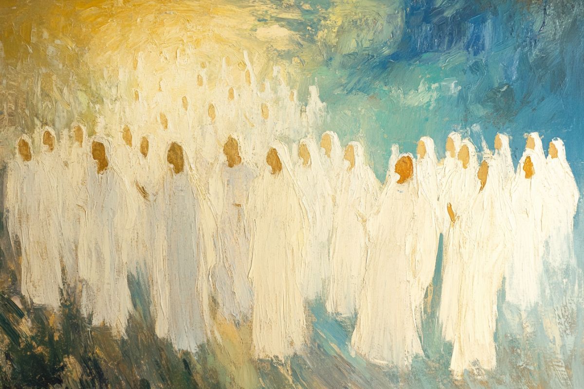 A multitude of saints in heaven wearing white robes.