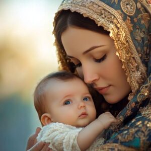 Mother mary holding the baby Jesus.