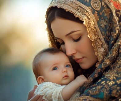 Mother mary holding the baby Jesus.