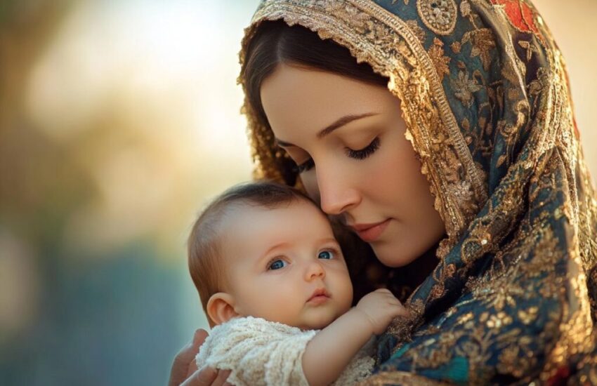 Mother mary holding the baby Jesus.