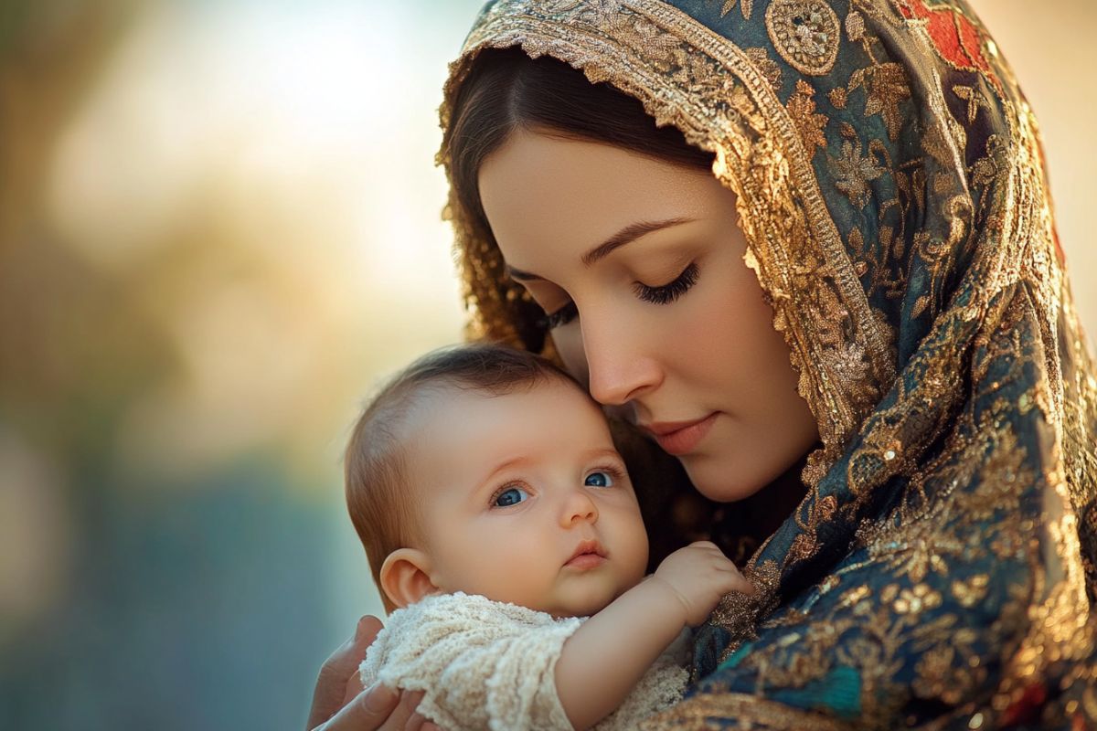 Mother mary holding the baby Jesus.