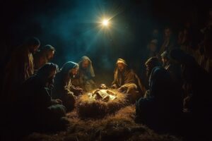 The Star of Bethlehem shining down a soft light on the manger where the infant Jesus is laying, surrounded by shepherds and kings.