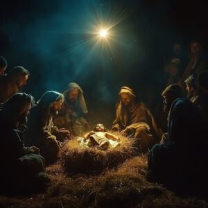 The Star of Bethlehem shining down a soft light on the manger where the infant Jesus is laying, surrounded by shepherds and kings.