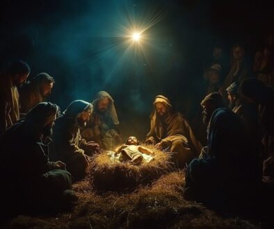 The Star of Bethlehem shining down a soft light on the manger where the infant Jesus is laying, surrounded by shepherds and kings.