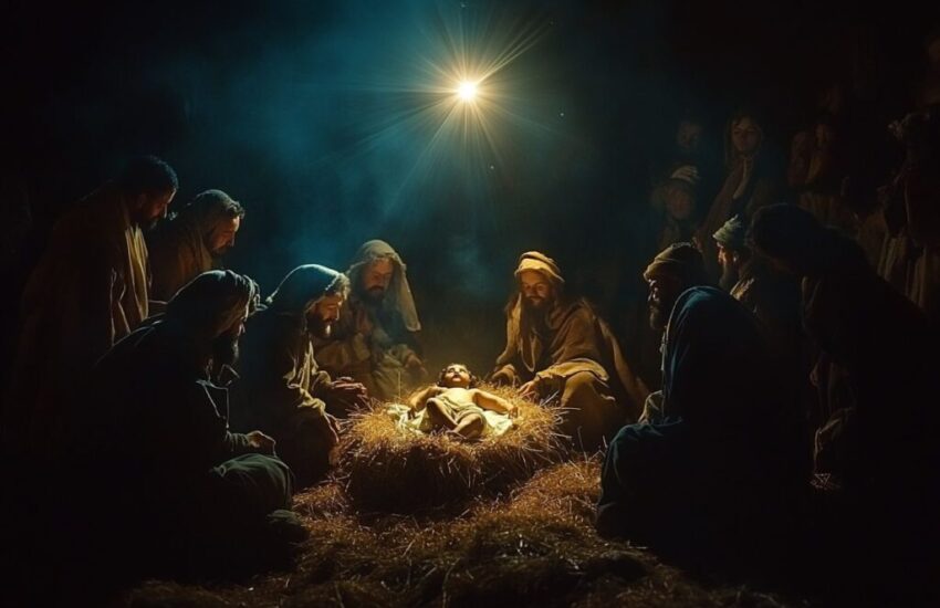 The Star of Bethlehem shining down a soft light on the manger where the infant Jesus is laying, surrounded by shepherds and kings.