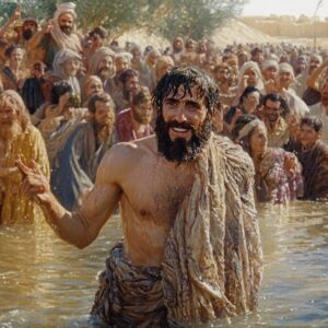 John The Baptist wearing camel skin and looking rough, baptising people in the jordan river amid a crowd of people.