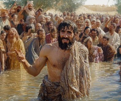 John The Baptist wearing camel skin and looking rough, baptising people in the jordan river amid a crowd of people.