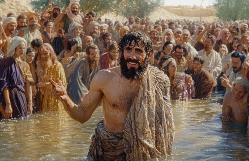 John The Baptist wearing camel skin and looking rough, baptising people in the jordan river amid a crowd of people.