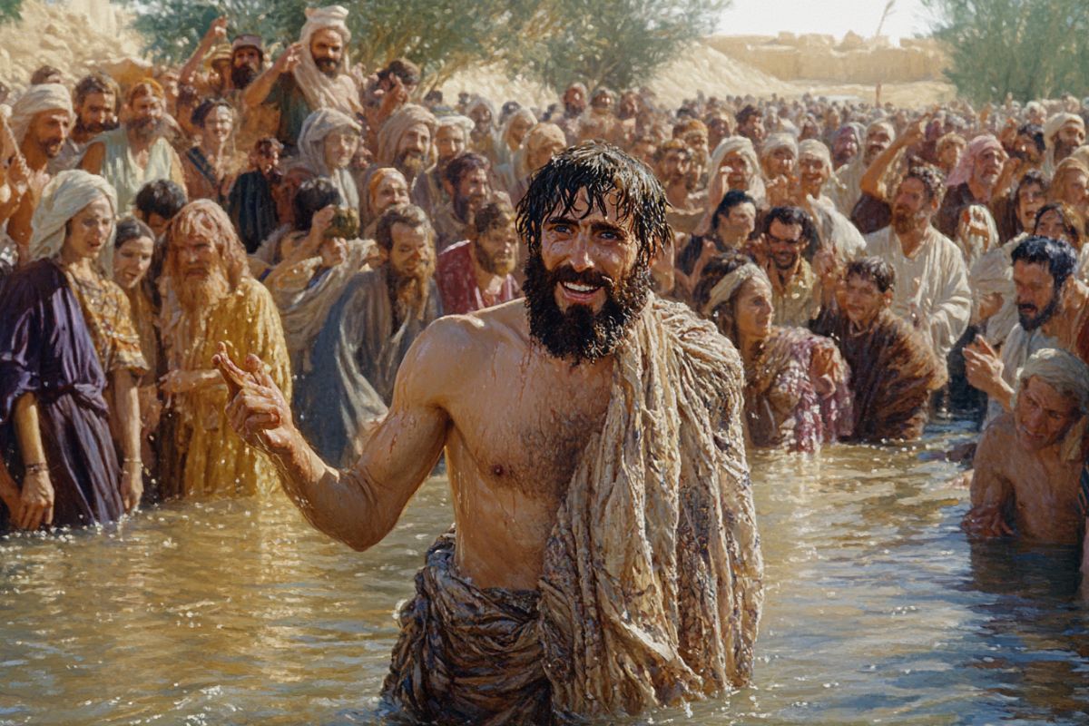 John The Baptist wearing camel skin and looking rough, baptising people in the jordan river amid a crowd of people.