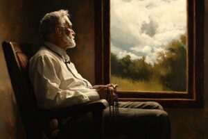 A man sitting in a chair looking expectantly at the sky through his window as he holds rosary beads.