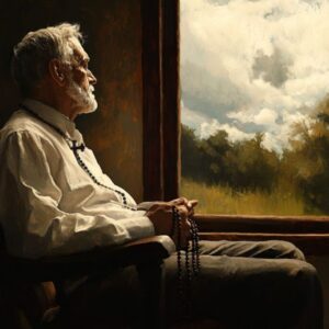 A man sitting in a chair looking expectantly at the sky through his window as he holds rosary beads.