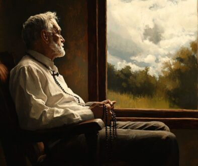 A man sitting in a chair looking expectantly at the sky through his window as he holds rosary beads.