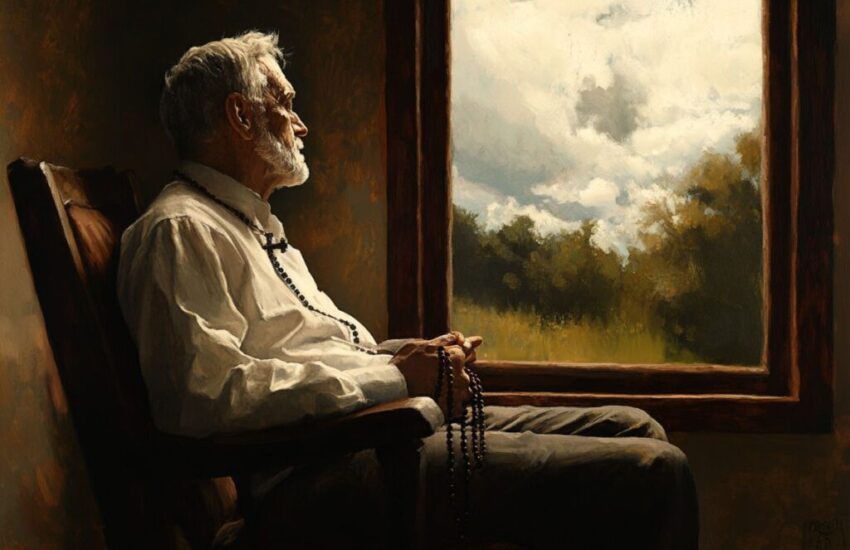 A man sitting in a chair looking expectantly at the sky through his window as he holds rosary beads.