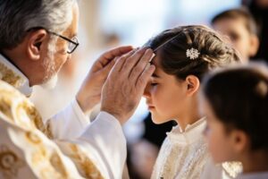 The bishop anoints a Catholic person with a small cross on their forehead in a Catholic confirmation ceremony.