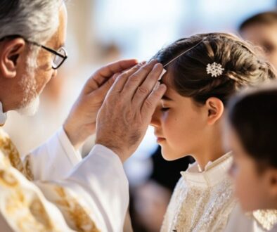 The bishop anoints a Catholic person with a small cross on their forehead in a Catholic confirmation ceremony.