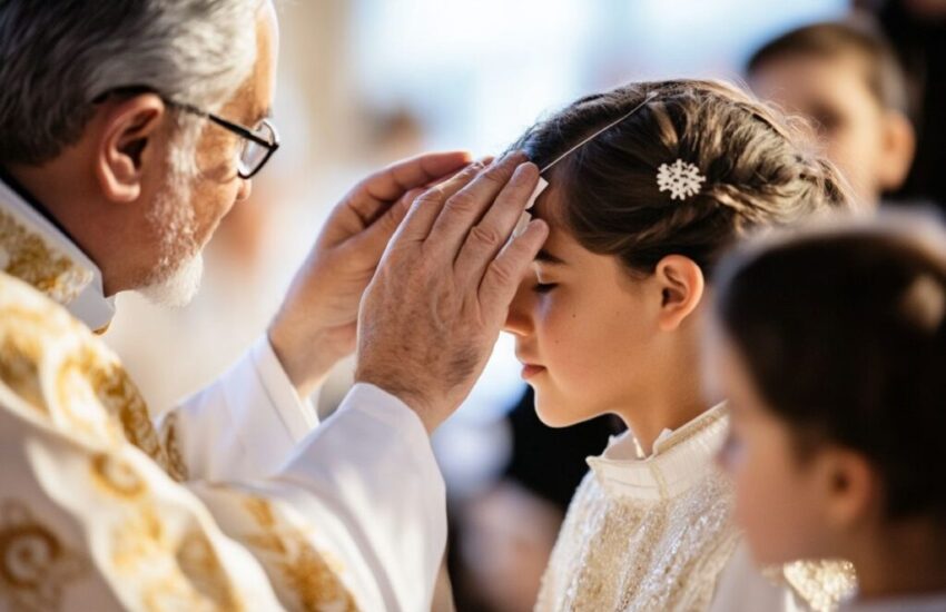 The bishop anoints a Catholic person with a small cross on their forehead in a Catholic confirmation ceremony.