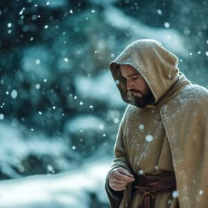 St. Francis walks in the cold wearing his habit.