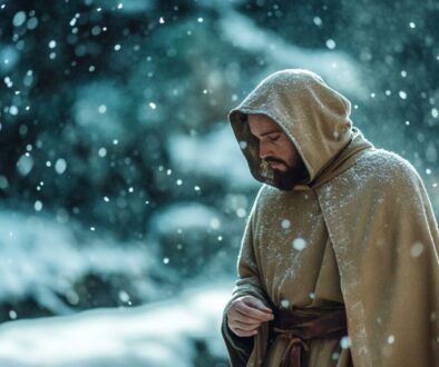 St. Francis walks in the cold wearing his habit.