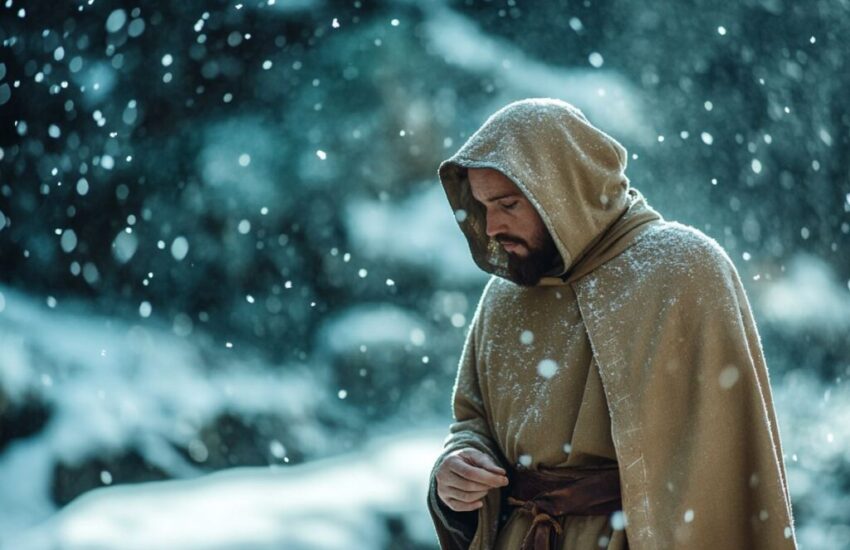 St. Francis walks in the cold wearing his habit.