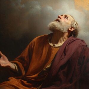 Isaiah the prophet, with tears in his eyes, on his knees in awe of the great glory of God.