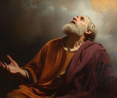 Isaiah the prophet, with tears in his eyes, on his knees in awe of the great glory of God.