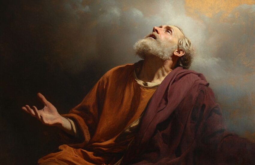 Isaiah the prophet, with tears in his eyes, on his knees in awe of the great glory of God.