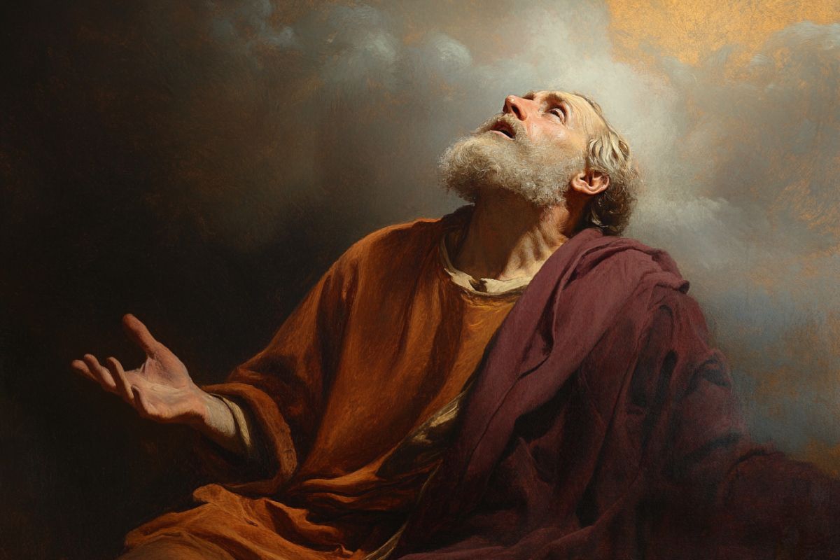 Isaiah the prophet, with tears in his eyes, on his knees in awe of the great glory of God.