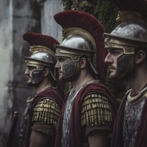 Three roman soldiers standing guard beside Jesus' tomb.
