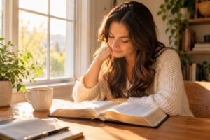 Woman reading Scripture by a sunlit window while reflecting on bible verses about waiting for love.