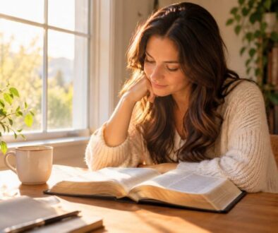 Woman reading Scripture by a sunlit window while reflecting on bible verses about waiting for love.
