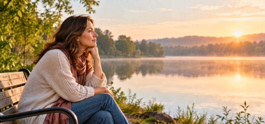 Woman sitting peacefully by a lake at sunrise, inspired by bible verses about waiting for love.