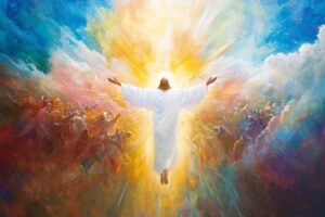 esus Christ ascends to the Father in heaven.