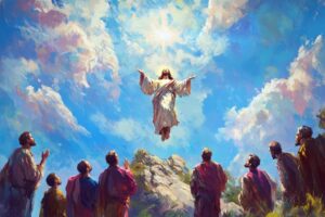 Jesus ascends into heaven as his apostles look on in awe.