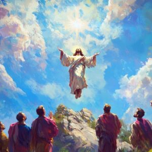 Jesus ascends into heaven as his apostles look on in awe.