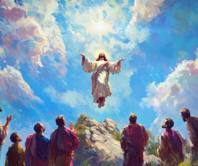 Jesus ascends into heaven as his apostles look on in awe.